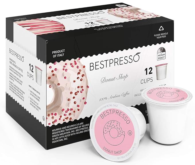 Bestpresso Coffee Donut Shop Medium Roast Single Serve K-Cup Pods 96 Count (Compatible With 2.0 Keurig Brewers) 8 Packs Of 12 Cups