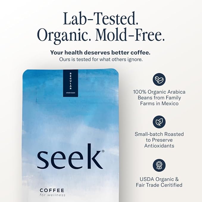 Seek Low Acid Organic Arabica Whole Bean Coffee - Mold Free Non-GMO Third Party Tested - 12 Oz