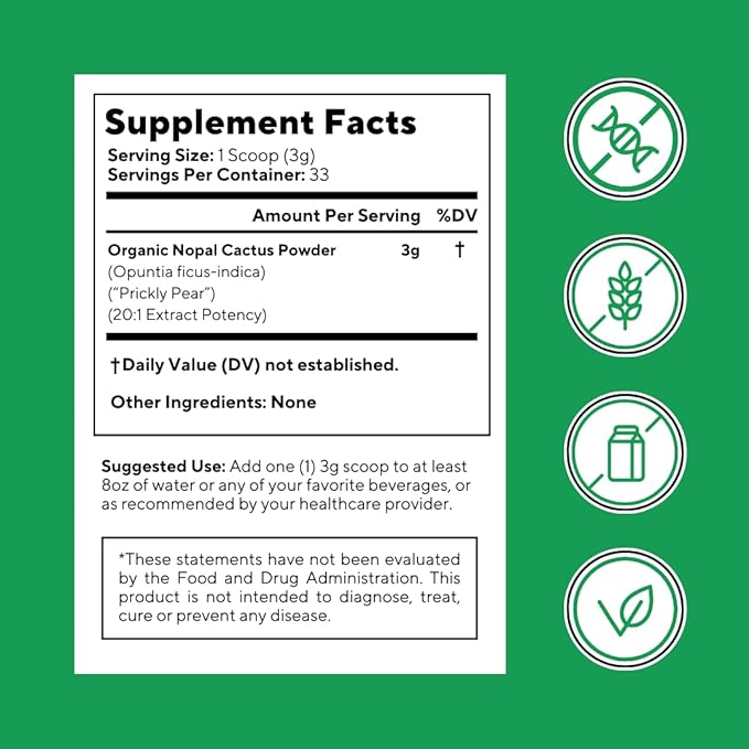 Vitapia Nopal Cactus Extract for Antioxidant Skin Metabolism Wellness Heart Health Support - 100g Organic Powder - Non GMO Gluten Free Supplement