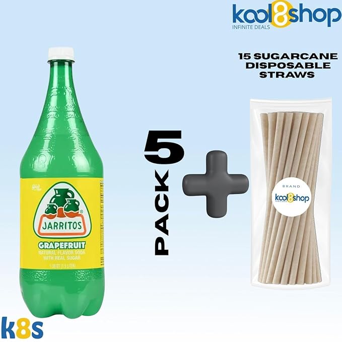 Jarritos Grapefruit Mexican Soft Soda Drink 1.5 Lt Plastic Bottles 5 Pack + 15 Sugarcane Disposable Straws by KOOL8SHOP Infinite Deals