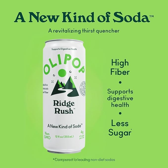 OLIPOP Sparkling Prebiotic Soda Ridge Rush Pantry Pack Packed with Prebiotics Fiber and Botanicals Gluten Free GMO Free 12oz Skinny Can (12 Pack)