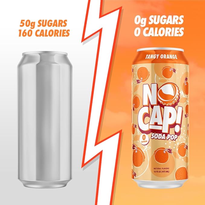 No Cap! Healthy Soda Alternative Natural Allulose Zero Sugar Zero Calorie Caffeine Free | Hydrating Electolytes Natural Flavors 16 oz. (Orange)