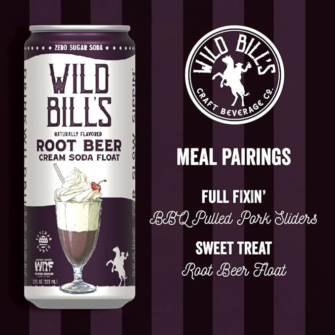 Root Beer - Wild Bill's Zero Sugar Cream Soda Zero Artificial Colors Flavors or Preservatives Naturally Sweetened (Individual 12oz Cans 12-Pack)
