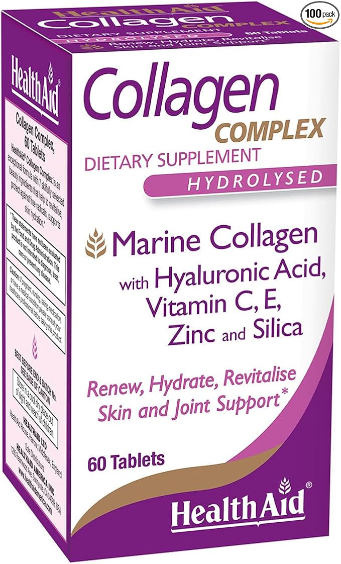 HealthAid Collagen Complex – Marine Hydrolyzed Collagen with Hyaluronic Acid Vitamins C &amp E and Zinc | 60 Tablets (2 Daily) to Support Skin Hydration &amp Elasticity