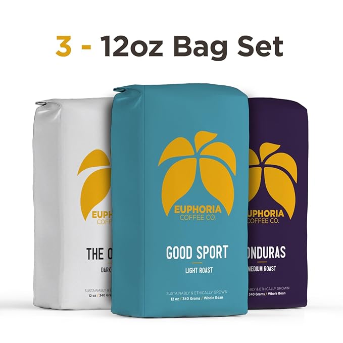 EUPHORIA COFFEE CO. Whole Bean Variety Pack with Good Sport Light Roast Honduras Medium Roast and The Office Dark Roast | 12oz Bag (3 Pack)