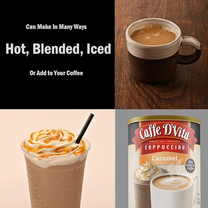 Caffe D'Vita Caramel Cappuccino Mix - Instant Coffee Mix No Cholesterol No Trans Fat 99% Caffeine Free Gluten Free - 1 lb. can (16 oz.)