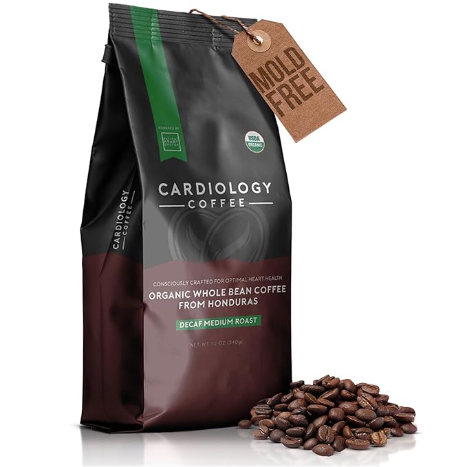 Cardiology Coffee – Medium Roast Decaf Coffee Beans – USDA Certified Organic Mold Free 12oz Premium Whole Bean Coffee – Decaf Barista-Style Beans with Swiss Water Decaf and Antioxidant Benefits