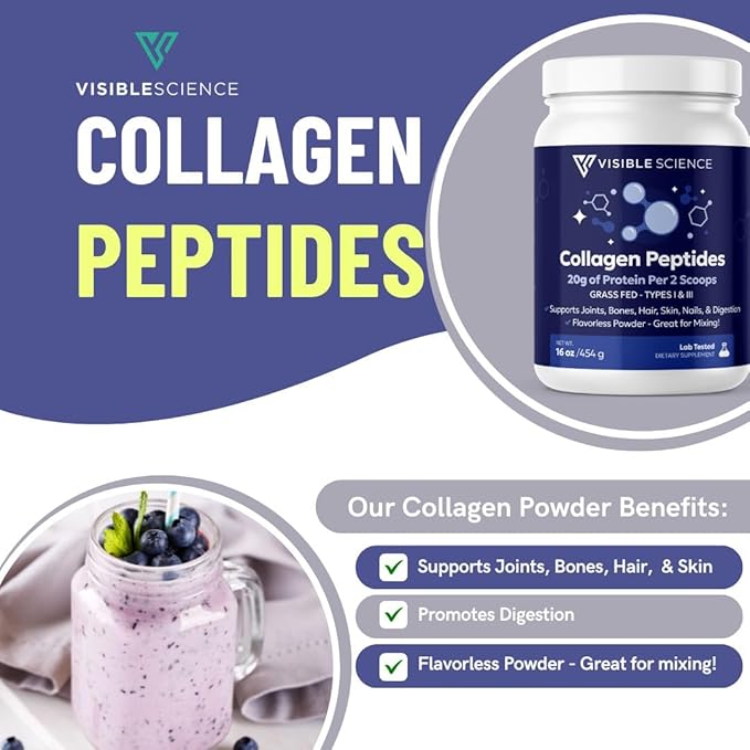 Collagen Peptides Powder Types I &amp III Grass-Fed 16 oz 20g Protein Per Serving Unflavored