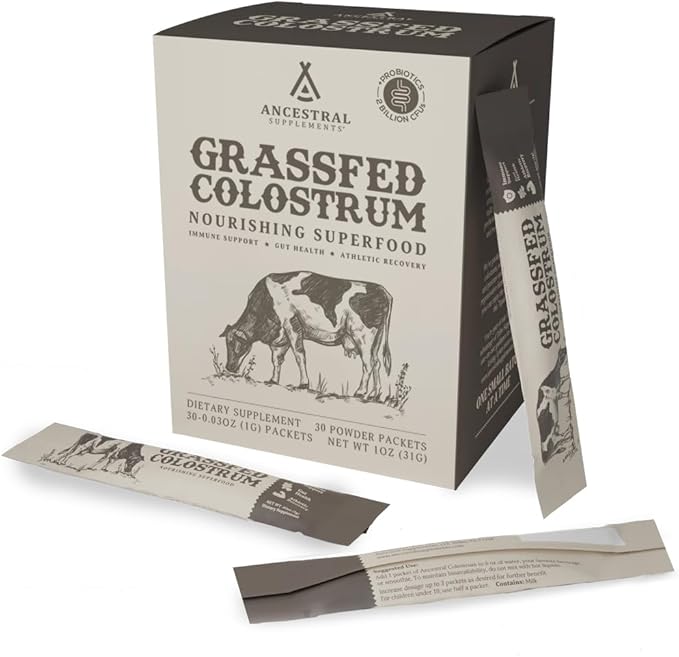 Ancestral Supplements Grass Fed Beef Bovine Colostrum Powder Packets Immune Support Supplement Gut Skin &amp Hair Health Support Supplements Promotes Growth and Repair Non GMO 30 Sticks Unflav