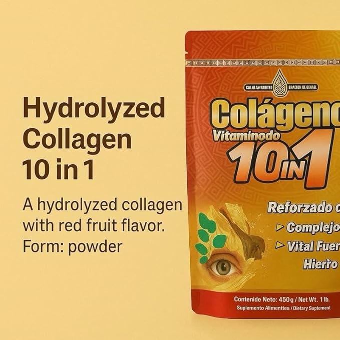 Colageno Vitaminado 10-in-1 Premium Collagen Powder with Vitamin B Complex Moringa Iron Natural Fiber 450g (1 lb) Dietary Beauty Support Supplement