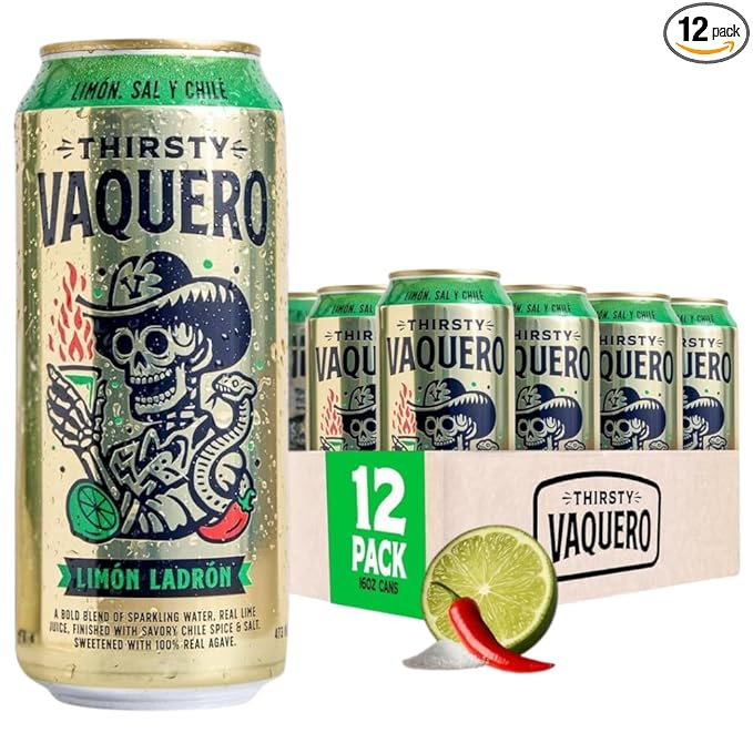Thirsty Vaquero Lime Salt &amp Chile Flavored soda (Limon Ladron) Mexican-inspired soda Real Fruit Juice &amp Savory Spices Made with Organic Agave Low Calorie Natural Juice 16 oz Cans 12-P