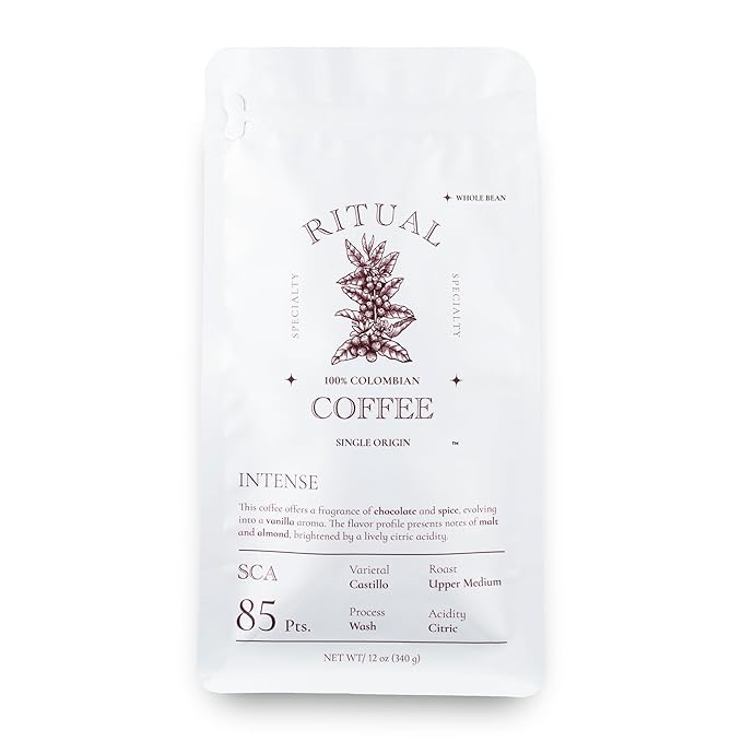Ritual Specialty Coffee - Colombian Single Origin Whole Bean Coffee Low Acid Intense  Upper Medium Roast SCA 85+ Score (Dark Chocolate Almond Malt) 12oz (340g) 100% Arabica Castillo Espresso
