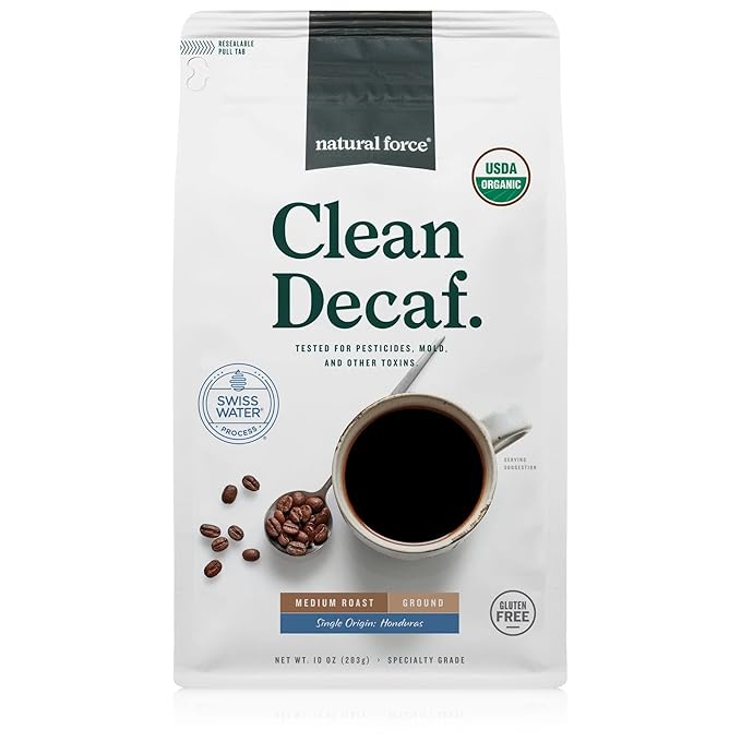 Natural Force - Organic Clean Decaf Coffee Mold &amp Mycotoxin Free Lab Tested for Toxins &amp Purity Low Acidity Incredible Taste &amp Aroma Ground Swiss Water Decaf Medium Roast 10 oz