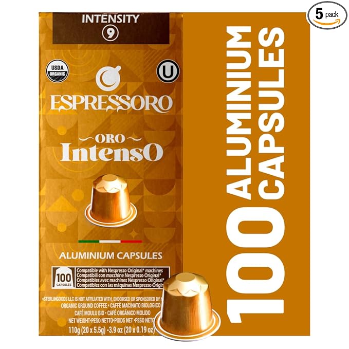 ESPRESSORO 100 USDA Organic Espresso Pods - INTENSO Aluminum Capsule Compatible with Nespresso Original Lines Machines. Intensity 9 - Premium Italian Coffee Pods.