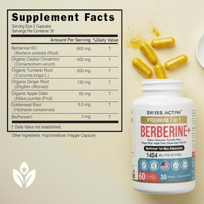 Swiss Activa+ Labs Organic Berberine Supplements 7-in-1 with BioPerine® | Ceylon Cinnamon Turmeric Ginger &amp Apple Cider Vinegar | Blood Sugar Heart Metabolism &amp Digestive Support | 60-Day