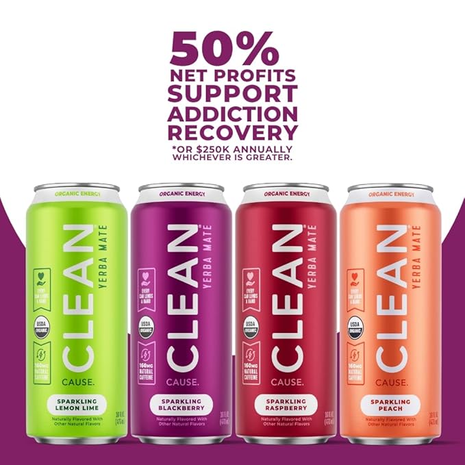 CLEAN Cause Low Calorie Low Sugar &amp Zero Calories Zero Sugar Variety Pack Sparkling Yerba Mate Tea 160mg Caffeine Organic Healthy Alternative to Energy Drinks (16oz cans 2-12-Pack Case)