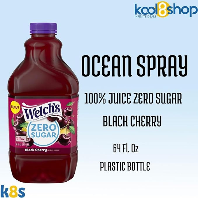 Welch's Black Cherry Zero Sugar Fruit Juice Drink 64 fl oz Plastic Bottles 4 Pack + 15 Sugarcane Disposable Straws by KOOL8SHOP Infinite Deals