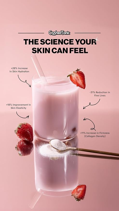 Crushed Tonic Korean Beauty Collagen | Hydrolyzed Bovine Collagen Peptides for Skin Glow Hair &amp Nails | K-Beauty Drink | Gluten-Free Halal &amp Kosher (Strawberry Milk 5 Servings (50 g) Mini