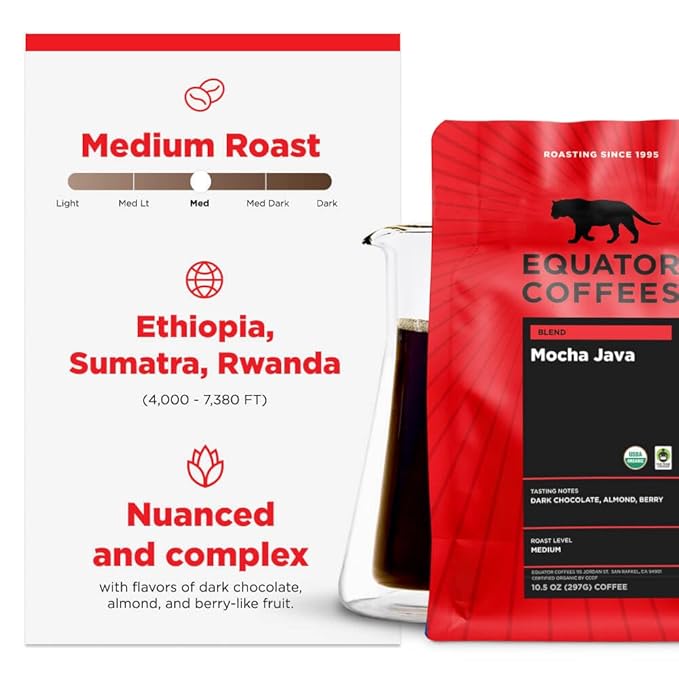 Equator Coffees Mocha Java Blend Organic Ground Coffee Medium Dark Roast Fresh Roasted Dark Chocolate &amp Berry Flavor Notes Sustainable and Fair Trade Certified 10.5 oz Bag