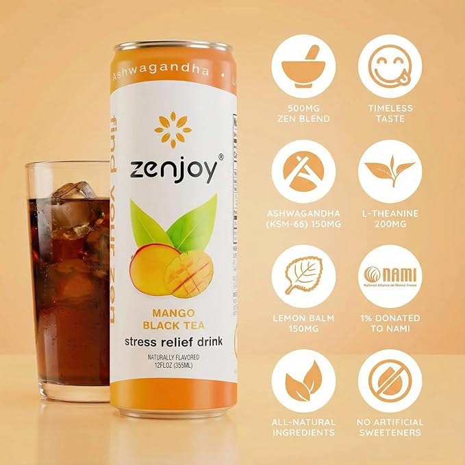 Zenjoy Stress Relief Drink Calming Black Tea Non Alcoholic Ashwagandha &amp Lemon Balm for Stress Relief L - Theanine for Focus (12 Pack) (Mango)