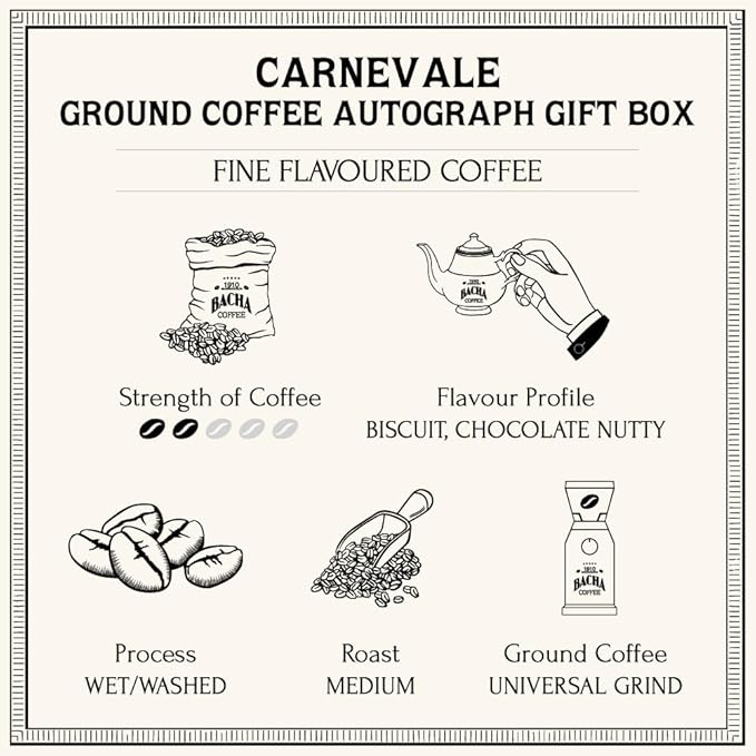 Bacha Coffee | Carnevale Fine Flavoured Coffee Autograph Collection 100% Arabica Specialty Coffee Ground Beans Medium Roast 350g &amp 100% Natural Unbleached Wood Fibre Paper Filters Large Bund