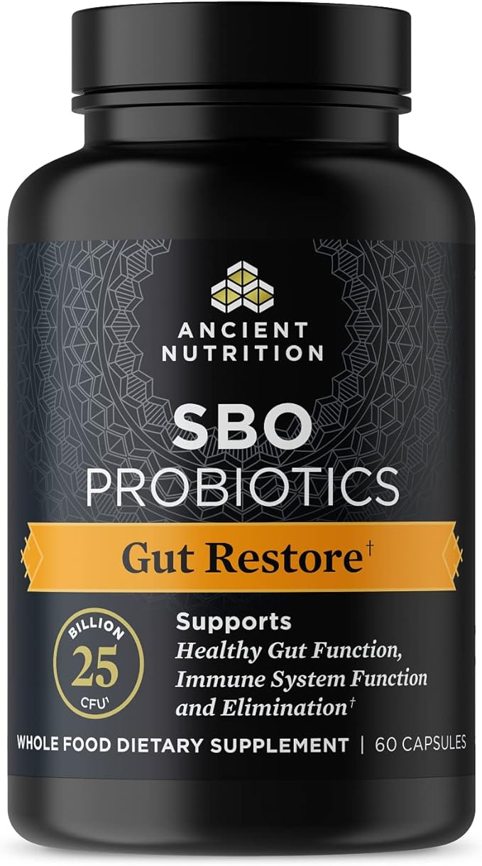 Ancient Nutrition Probiotics SBO Probiotics Gut Restore 60 Ct Promotes Gut Health Digestive and Immune Support Gluten Free Ancient Superfoods Blend 25 Billion CFUs* Per Serving