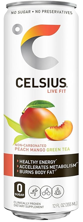 CELSIUS Peach Mango Green Tea Functional Essential Energy Drink 12 Fl Oz 4 count (Pack of 6)