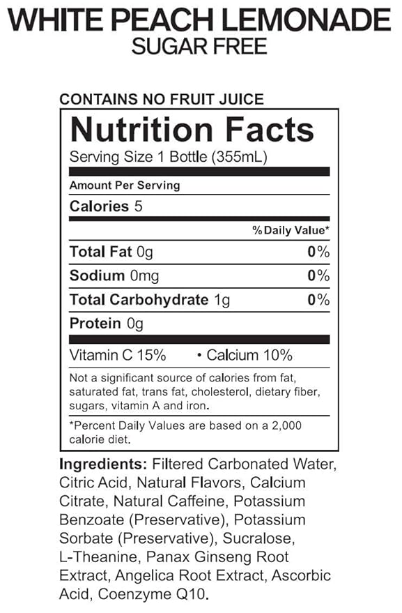UPTIME – Premium Energy Drink White Peach Lemonade - Sugar Free 12oz Bottles (Case of 24) Better for You Natural Caffeine Sparkling