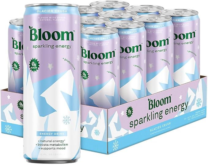 Bloom Nutrition Sparkling Energy Drink - Natural Caffeine Zero Sugar 180mg - Antioxidant-Rich with Green Coffee Bean Green Tea Extract Prebiotics - Glacier Crush - 12oz 12 Pack