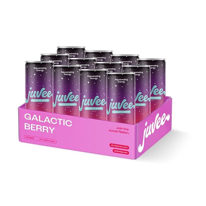 Juvee Rejuvenating Energy Drink – 12 oz Cans (12-Pack) – Sugar Free 128mg Natural Caffeine per Can Zero Sugar Low Calorie Clean Energy &amp Focus Support for All-Day Performance (Galactic Berry)