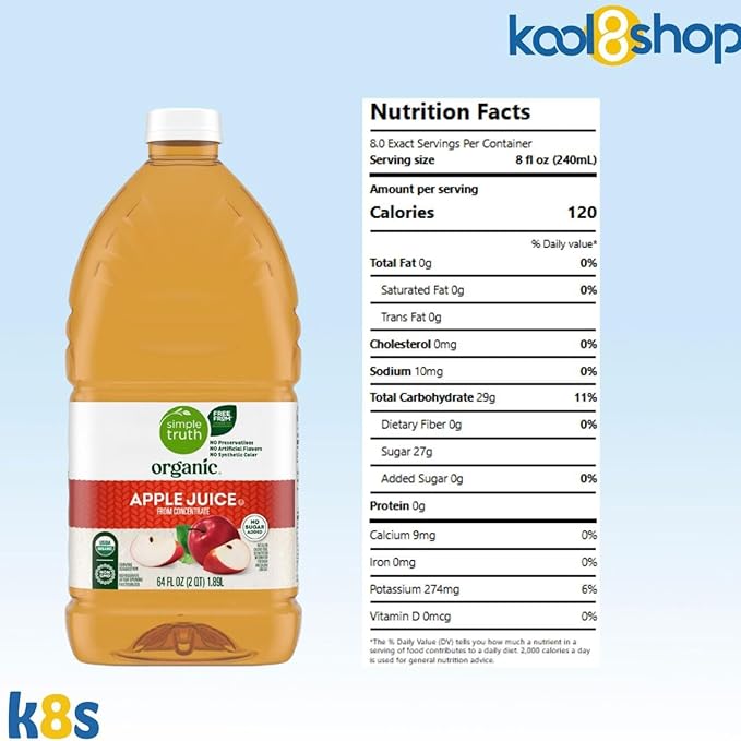 Simple Truth Organic Apple Fruit Juice 64 fl oz Plastic Bottles 4 Pack + 15 Sugarcane Disposable Straws by KOOL8SHOP Infinite Deals