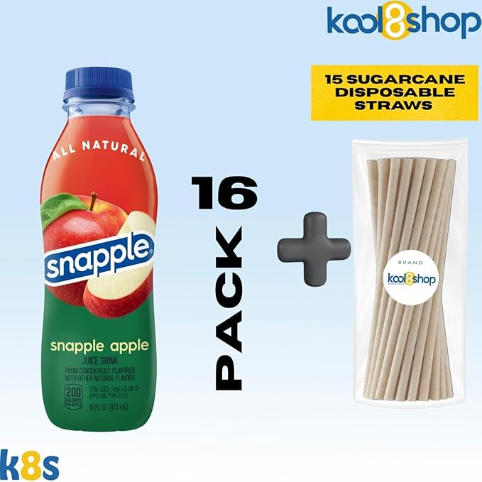 Snapple Apple All Natural Fruit Juice 16 fl oz Plastic Bottles 16 Pack + 15 Sugarcane Disposable Straws by KOOL8SHOP Infinite Deals
