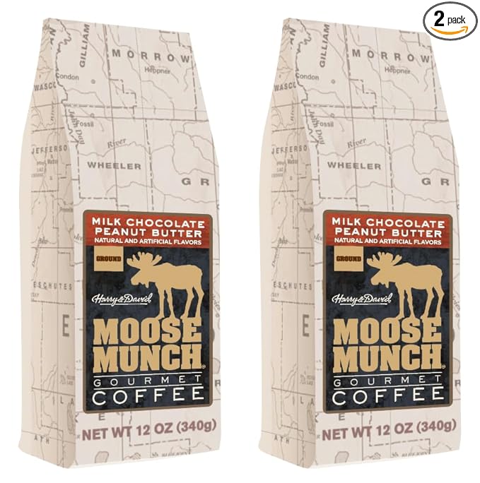 Moose Munch Milk Chocolate Peanut Butter Ground Coffee – 2 Pack 12 oz Bags – Chocolate &amp Peanut Butter Dessert-Inspired Flavored Coffee