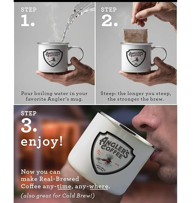 Angler’s Coffee Dry Dropper Dark Roasted Single Serve Coffee in a Pouch - Carefully Roasted Freshly Ground &amp Nitrogen Flushed Quality Colombian Coffee - Just add Water - 10 ct