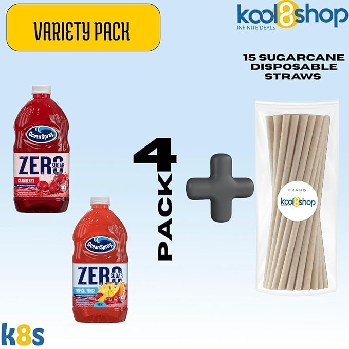 Ocean Spray Zero Sugar Variety Pack Fruit Juice Drink 64 fl oz 4 Pack + 15 Sugarcane Disposable Straws by KOOL8SHOP Infinite Deals