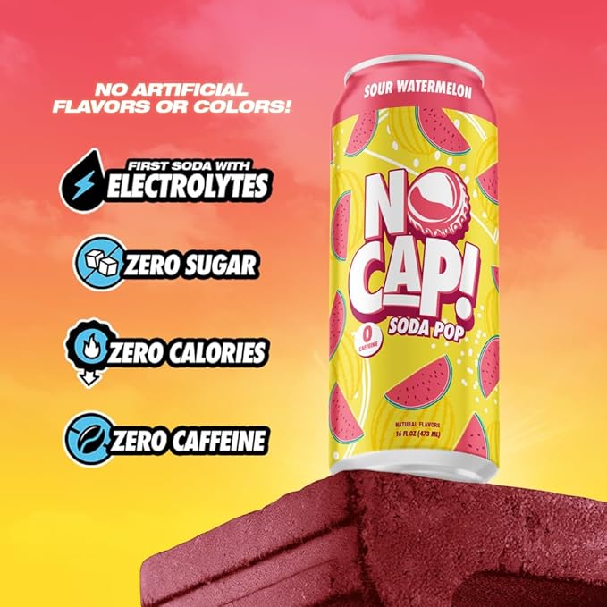 NO CAP! Next Gen Soda Pop with Zero Sugar Zero Calories and Electrolytes for Hydration Naturally Flavored Caffeine-Free Soda Vegan &amp Gluten-Free 12 oz Cans (Sour Watermelon)