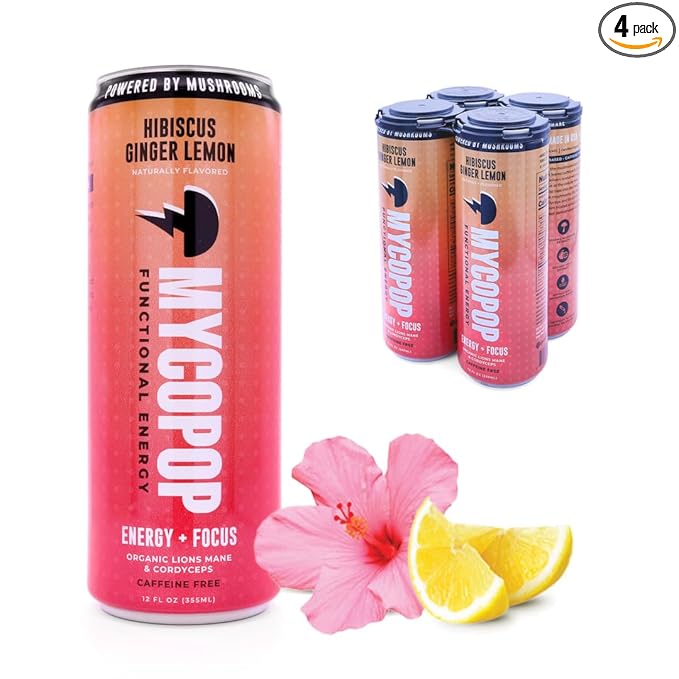 Mycopop Functional Mushroom Energy Drink Caffeine-Free 25 Calories with Lions Mane &amp Cordyceps Hibiscus Ginger Lemon Flavor 12 fl oz