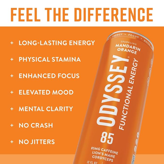 Odyssey Functional Energy Drink for Focus Cognition &amp Mood Support 12 Pack - Adaptogenic Drink with 85mg Green Tea Caffeine Lion’s Mane Cordyceps L-Theanine &amp Ginseng Sparkling Orange