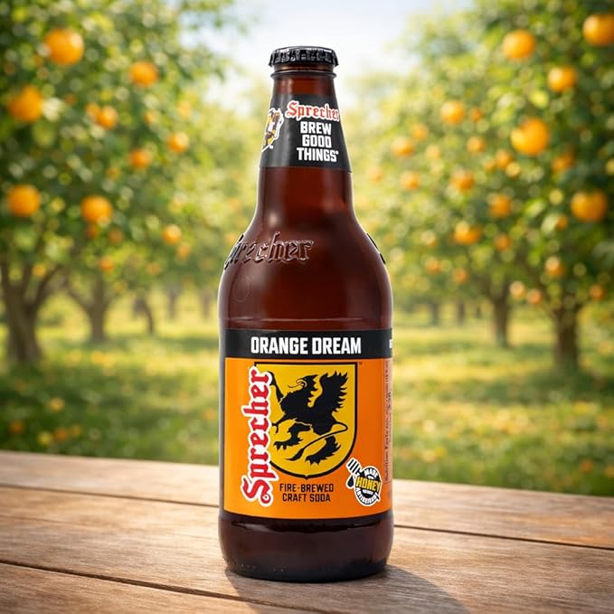 Sprecher Orange Dream Soda in 16 fl oz Glass Bottles (24 Pack) Fire-Brewed Craft Orange Soda Made with Real Honey Handcrafted Orange Cream Soft Drink