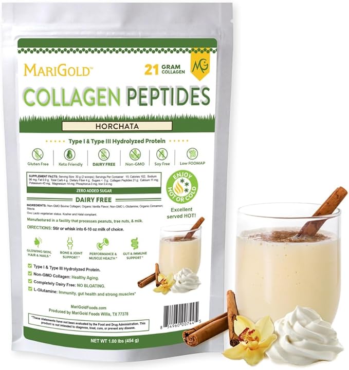 MariGold Grass-fed Collagen Peptides Protein - Horchata 1LB - 100% Pure Type I &amp III Hydrolyzed Bovine Collagen Non-GMO Hormone Free Dairy Free Keto-Friendly Healthy Joints and Skin