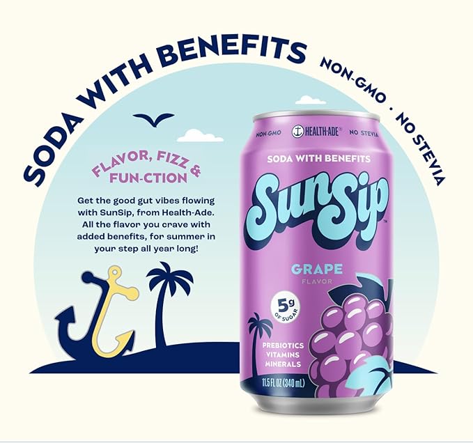 SunSip Prebiotic Soda by Health-Ade Better-for-You Soda Swap Beverage with Vitamins &amp Minerals Naturally Sweetened with 6g of Sugar Grape 11.5 oz (12 Pack)
