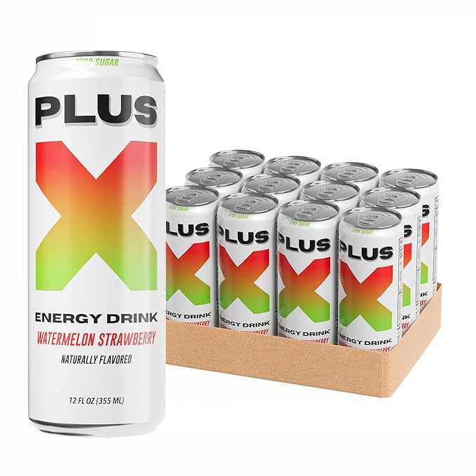 PLUS X Energy Drink – Watermelon Strawberry – 12 Pack | 150mg Natural Caffeine | Zero Sugar Zero Calories No Carbs | Electrolytes + B-Vitamins | Vegan No Artificial Flavors 12 oz. cans