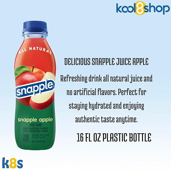 Snapple Apple All Natural Fruit Juice 16 fl oz Plastic Bottles 16 Pack + 15 Sugarcane Disposable Straws by KOOL8SHOP Infinite Deals