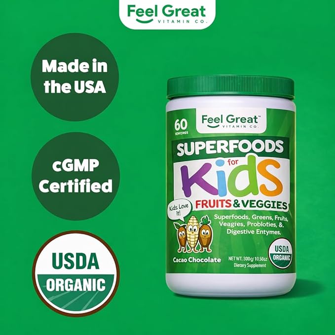 Feel Great USDA Organic Super Greens Powder for Kids - Cocao Chocolate | Fruit &amp Veggie Supplement | Superfood Powder with Probiotics &amp Digestive Enzymes for Digestive Health | 60 Days Supply