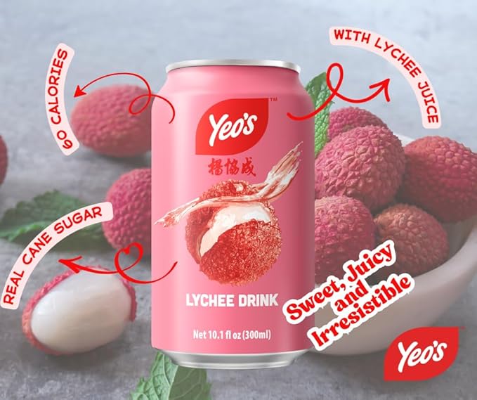 Yeo’s Lychee Drink 10.1 fl oz – Sweet Tropical Lychee Fruit Beverage Ready to Drink Serve Chilled or Over Ice (Pack of 24 Cans)