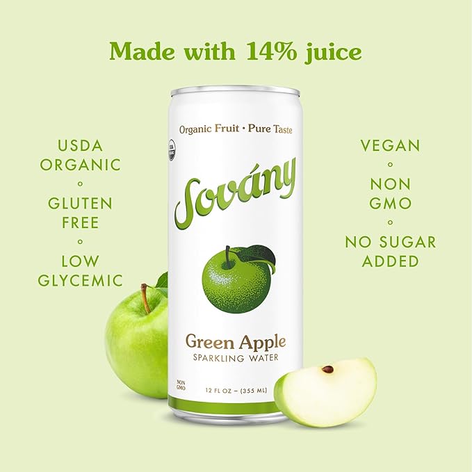 Sovány Sparkling Water Green Apple Seltzer Water Drinks USDA Organic Made With Real Fruit Non-GMO Vegan No Added Sugar Low Calorie 12 fl oz 12 Pack