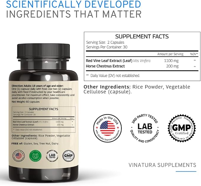 VINATURA Red Vine Leaf Extract - Horse Chestnut 1300mg/serving *USA Made and Tested* Circulation and Vein Support for Healthy Legs - Helps Blood Flow Leg Circulation - 60 Capsules (30 Servings)