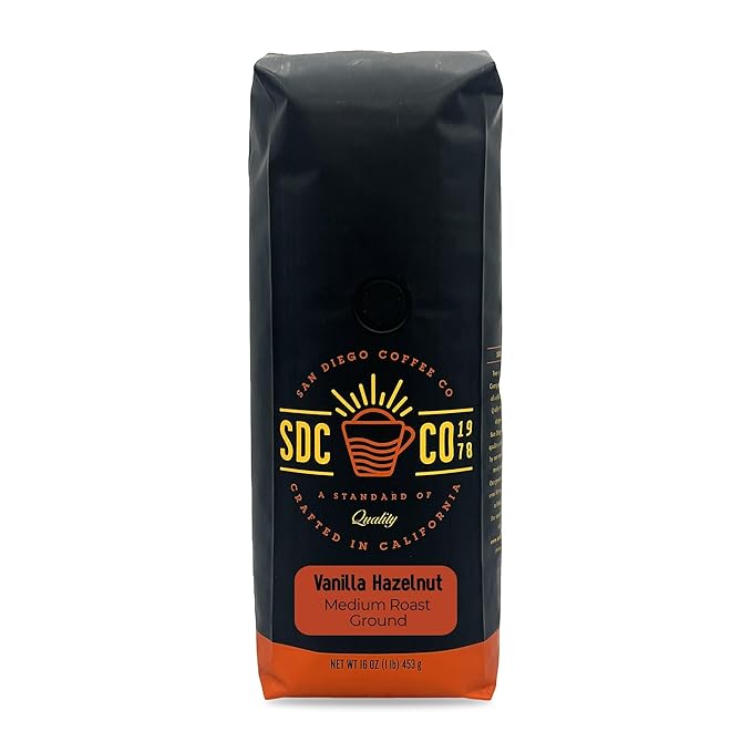 San Diego Coffee Vanilla Hazelnut Medium Roast Ground Coffee 16-Ounce Bag Café molido tostado