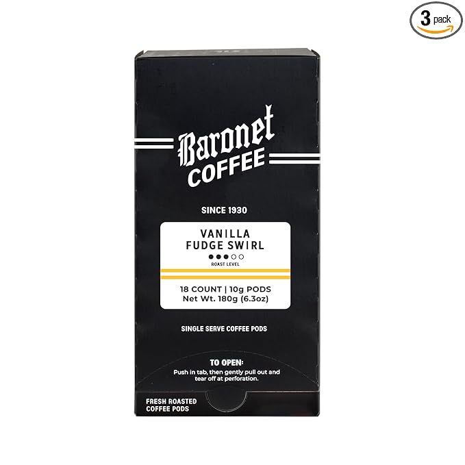 Baronet Coffee Pods [Vanilla Fudge Swirl-54 Pods] Flavored Single Cup Use Like Senseo Coffee Pods [3 Boxes of 18 Single Serve 10 Gram Pads] Regular Strength Soft Coffee Pods Medium Roast [Van Fudge]