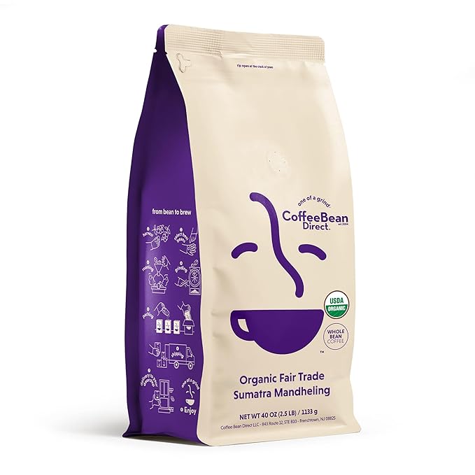 Coffee Bean Direct Organic Fair Trade Sumatra Mandheling Whole Bean Coffee Light Roast 2.5 Pound Bag (Pack of 1)